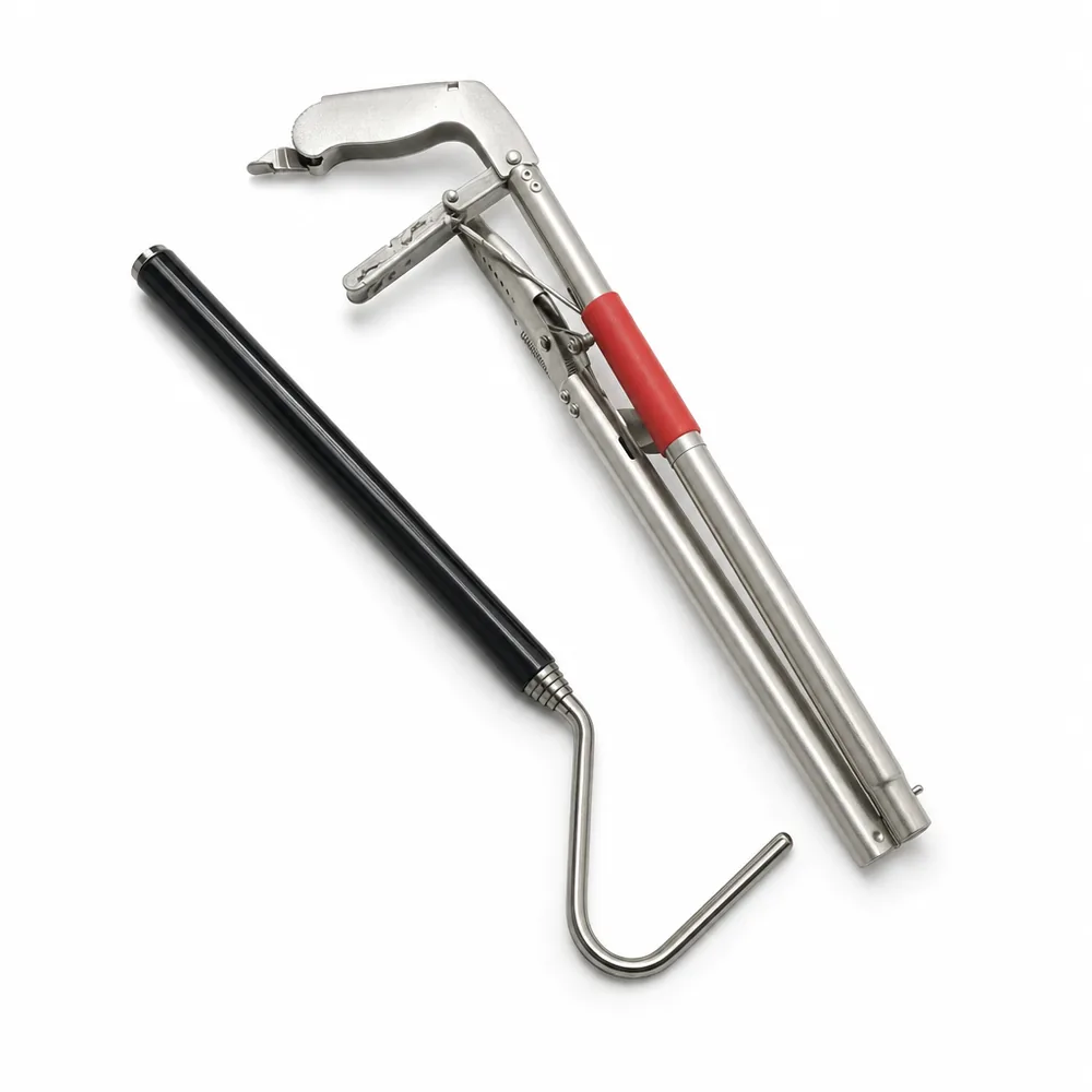 Herpaxe snake hook and folding snake tongs shown together as the field bundle