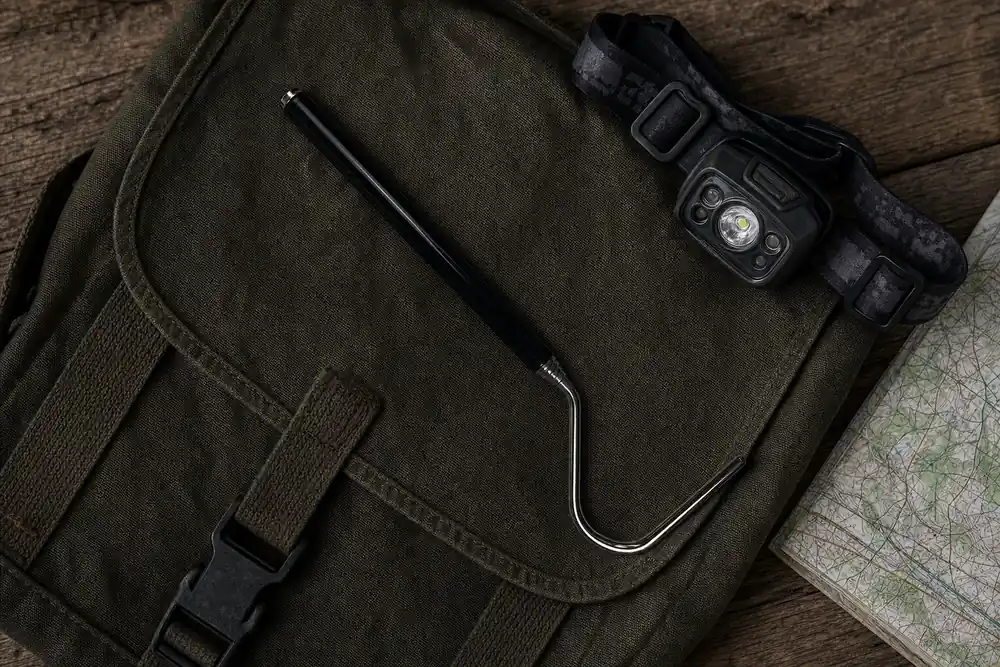 Snake hook and folding tongs laid out on a canvas field bag next to a headlamp