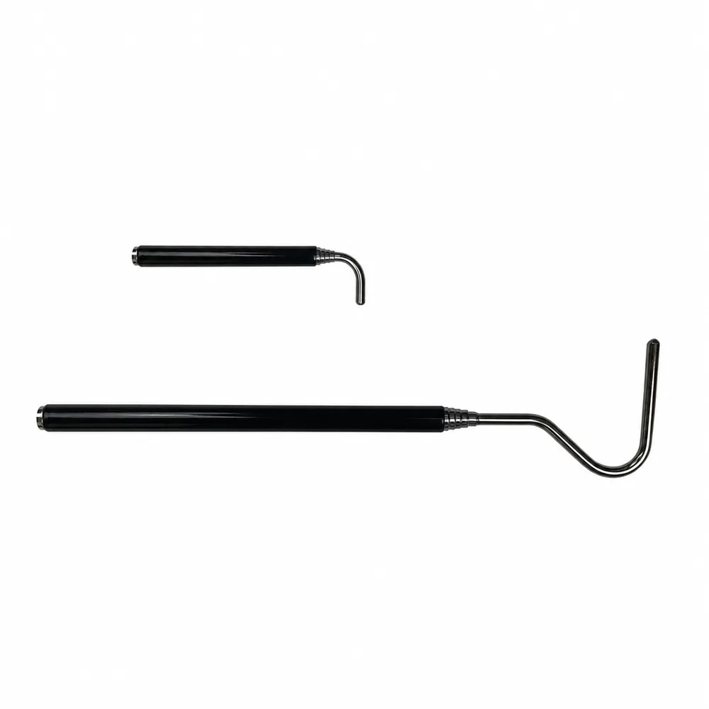 The snake hook shown collapsed to pocket length beside its fully extended position