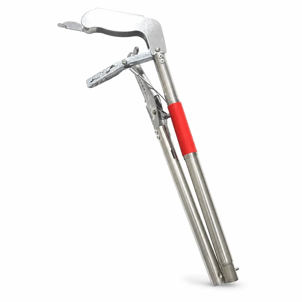 Herpaxe folding snake tongs with a red handle and an angled stainless gripping head